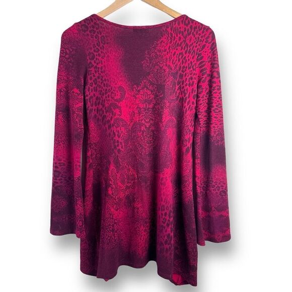 DB‎ Sport Women's S Flare Sleeve Blouse Red Purple Mix Animal Print Hi Low Tunic - Picture 2 of 7